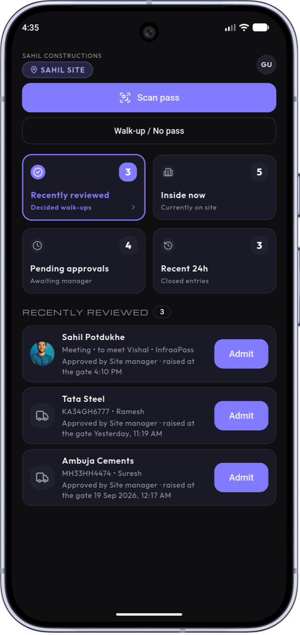 Guard app home screen in dark mode: scan pass and walk-up buttons, recently reviewed, pending approvals, and who is inside now