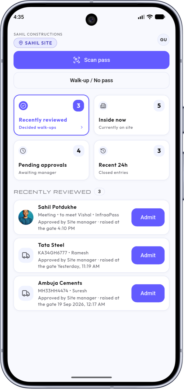 Guard app home screen: scan pass and walk-up buttons, recently reviewed, pending approvals, and who is inside now
